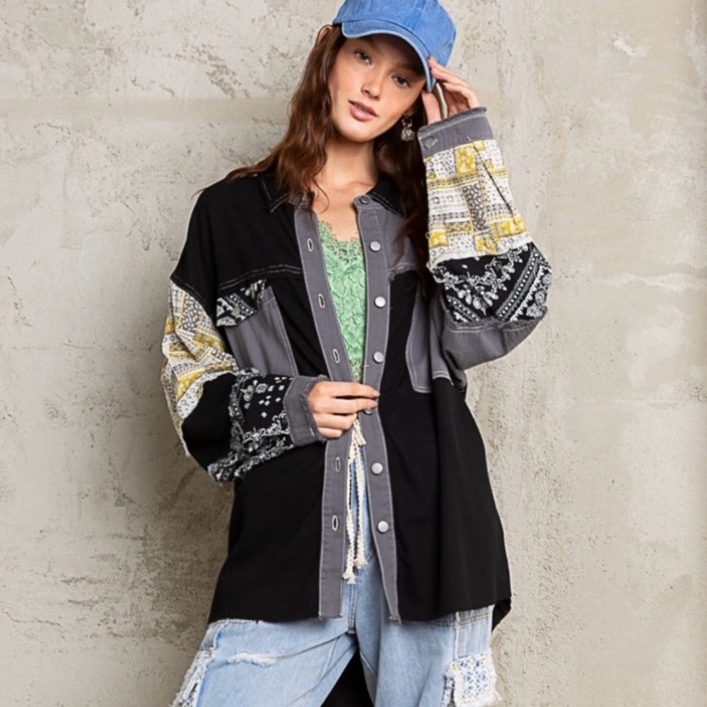 Pol Black And Gray Patchwork Button-Up Shacket/Sh… - image 1